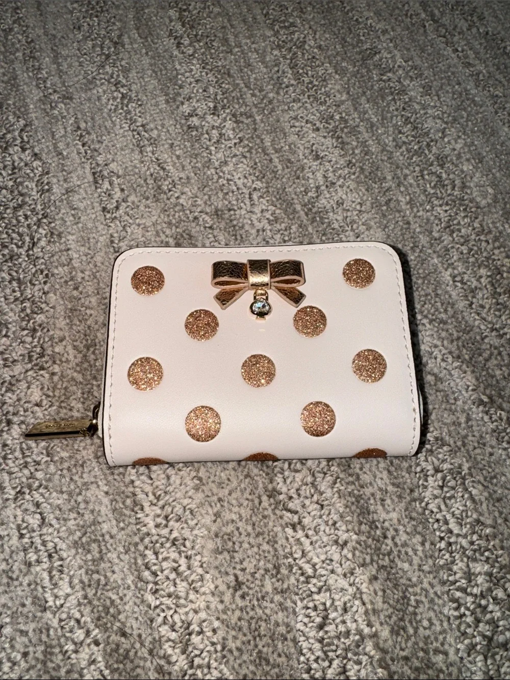 kate spade White Wallet with Rose Gold Glitter Polka Dots and Metallic Bow
